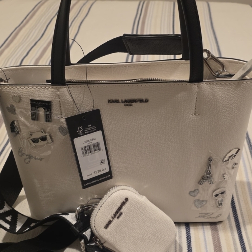 Karl Lagerfeld White and Black Leather Tote with Charm Accents